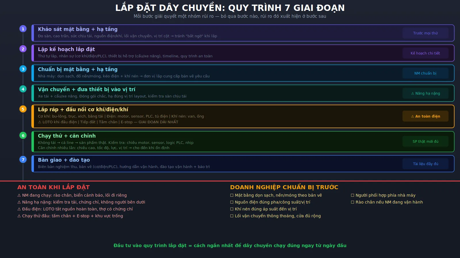 Lắp đặt dây chuyền sản xuất: quy trình triển khai an toàn