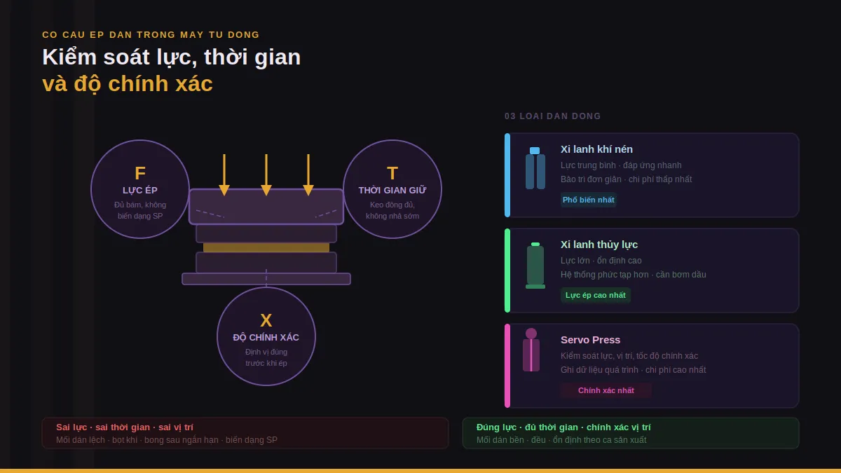 Cơ cấu ép dán trong máy tự động: lực, thời gian, độ chính xác